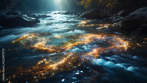 Fantasy landscape with colorful shining energy in the river