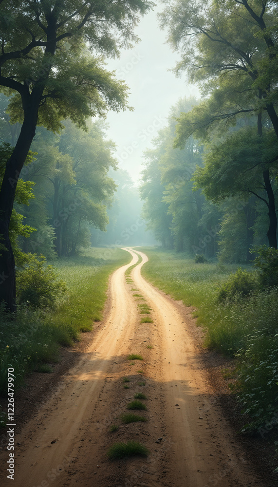 Fototapeta premium Empty road leading surrounded by beautiful nature deep in the forest, vertical background