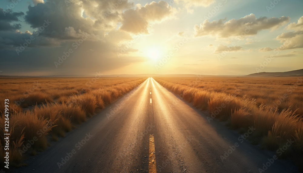 Fototapeta premium Empty road leading to the sun and clouds surrounded by beautiful nature at sunset, background