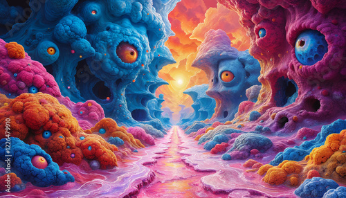 Fantasy abstract background with dreamy surrealistic colorful shapes and landscape