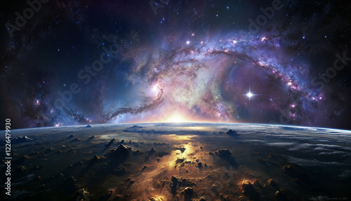 Fantasy landscape with cosmic sky and shining road