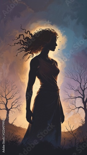 Silhouette of a woman in front of the sun with long dress at the sunset, the moment of self reflection and thinking about life, vertical background