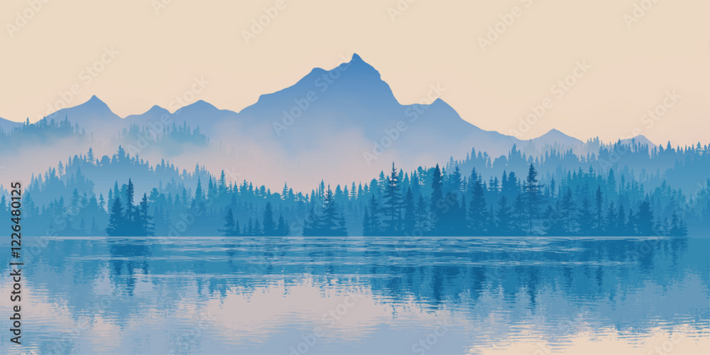 Fototapeta premium Mountain lake at dawn, misty silhouettes of ridges, forest and fog, panoramic view, vector illustration