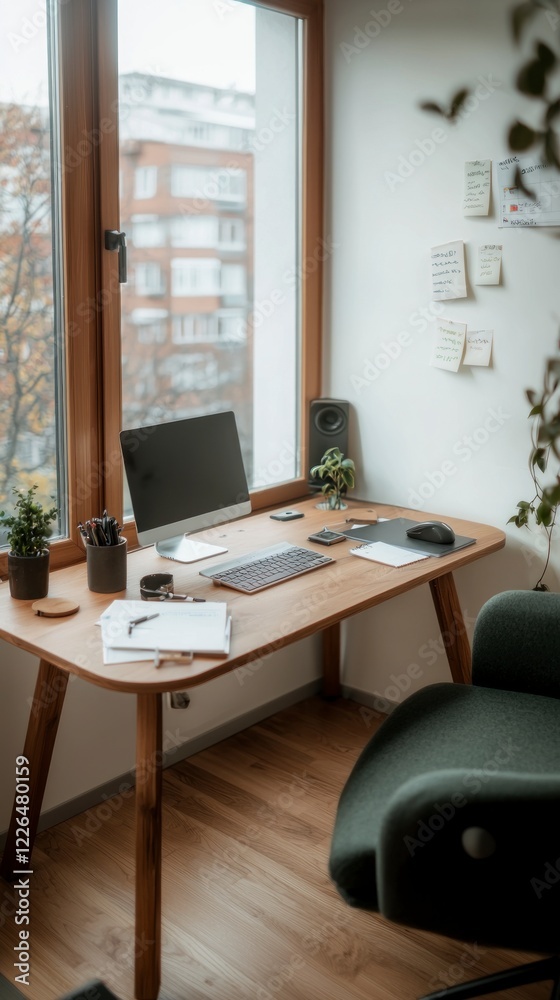 Fototapeta premium Modern Home Office Desk Setup Minimalist Workspace near Window