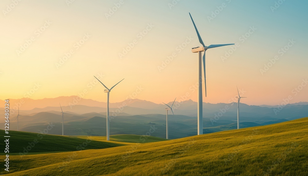 Serene Landscape with Wind Turbines at Sunset Over Rolling Hills Serene Landscape with Wind Turbines at Sunset Over Rolling Hills