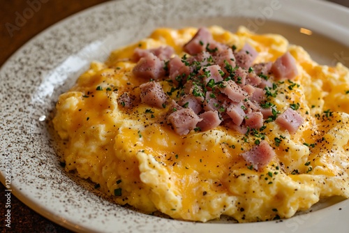 Creamy scrambled eggs topped with diced ham and cheddar cheese, served on a rustic plate. Background shows a warm, inviting dining atmosphere photo