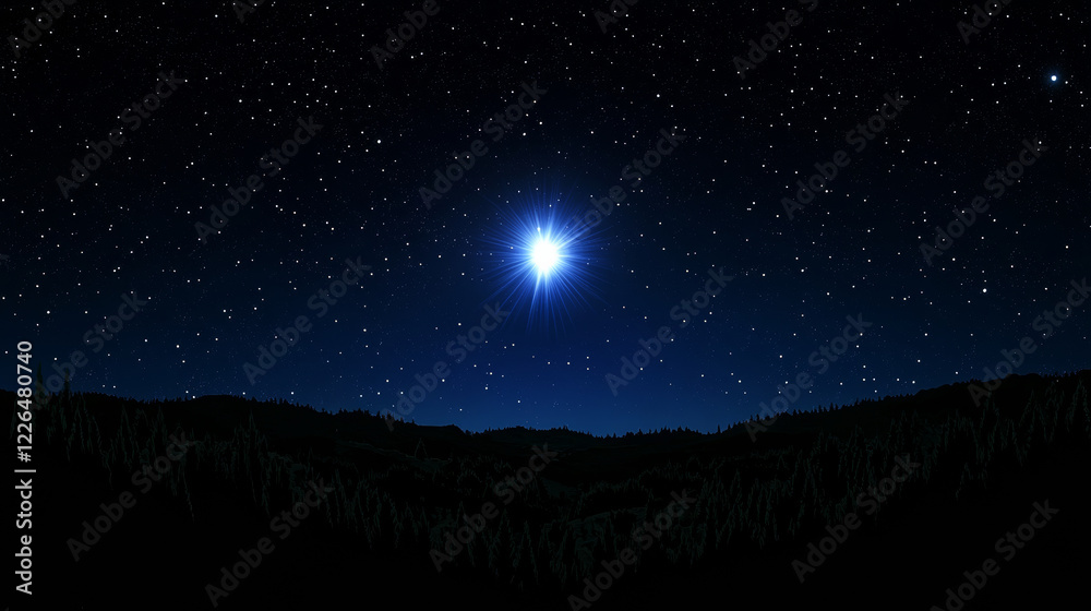 bright star illuminates serene night sky over forest silhouette bright star illuminates serene night sky over forest silhouette