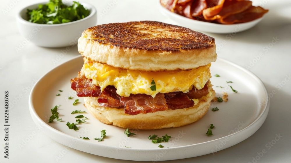 A crispy and savory bacon and egg breakfast sandwich with melted cheese and a toasted English muffin, served on a white ceramic plate, Sandwich centered A crispy and savory bacon and egg breakfast sandwich with melted cheese and a toasted English muffin, served on a white ceramic plate, Sandwich centered