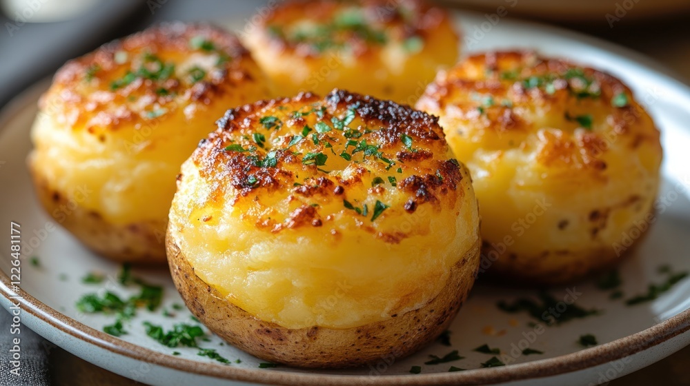 Baked Potato Halves with Crispy Cheesy Topping and Fresh Herbs on a Plate Baked Potato Halves with Crispy Cheesy Topping and Fresh Herbs on a Plate