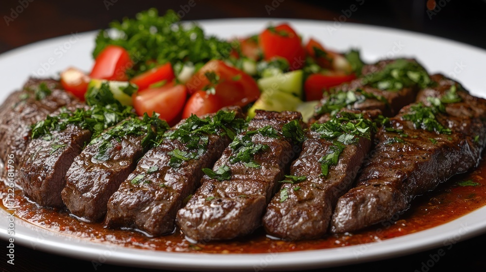 Grilled steak, tomato salad, restaurant, close-up Grilled steak, tomato salad, restaurant, close-up