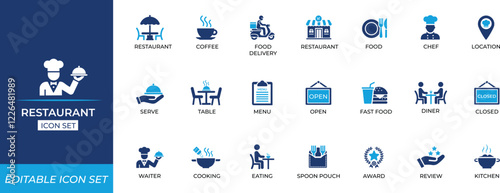 Restaurant iconn set. Fast food and dinner icons. Solid icon collection.