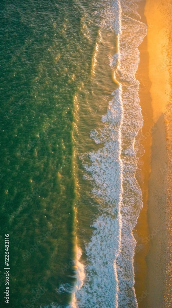 Aerial View Ocean Waves Crashing on Golden Sandy Beach at Sunset Aerial View Ocean Waves Crashing on Golden Sandy Beach at Sunset