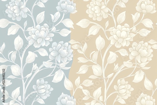 Wallpaper Mural Elegant floral pattern featuring soft blue and beige backgrounds with intricate flower designs Torontodigital.ca