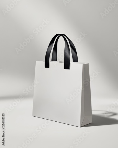 White paper shopping bag with black ribbon handles on light gray background. photo