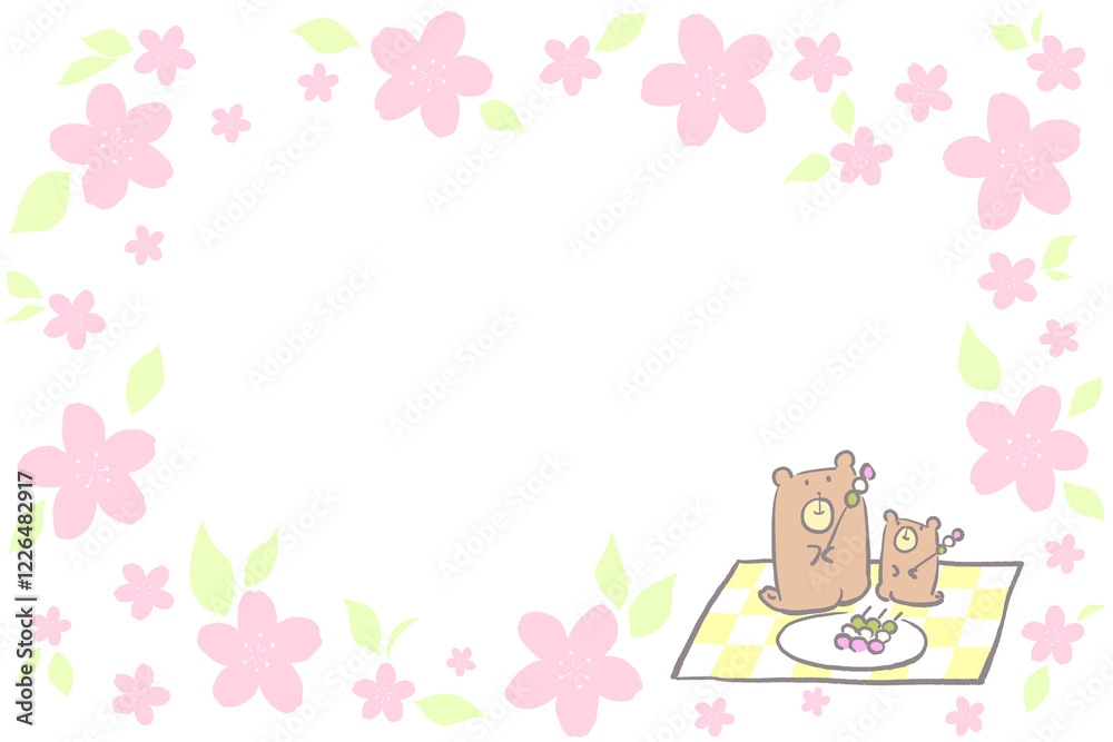 お花見をするクマの親子の桜フレーム お花見をするクマの親子の桜フレーム