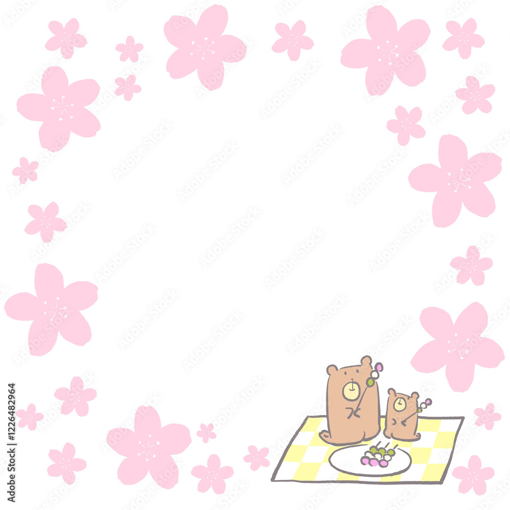 お花見をするクマの親子の桜フレーム