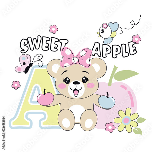 Cute bear vector surrounded by beautiful floral decoration and small insects, creating a peaceful nature scene

