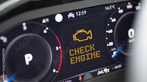 Interior of a modern car and a Check Engine warning light