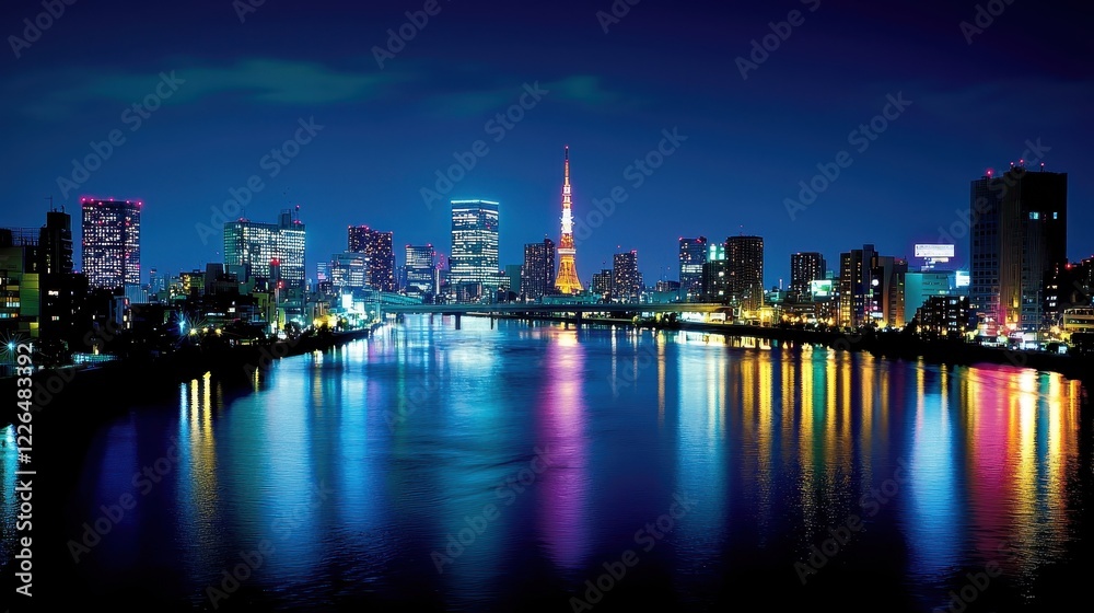 Fototapeta premium Futuristic Tokyo Neon-Lit Skyline from River