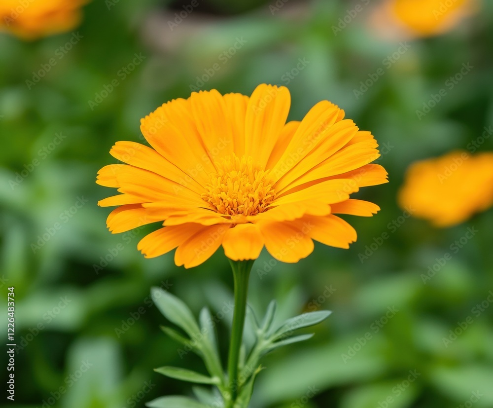 Bright marigold bloom shining under sunlight in a lush garden Bright marigold bloom shining under sunlight in a lush garden