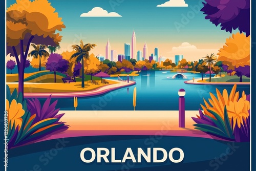 A warm pastel illustration of Orlando, featuring world-famous theme parks, lush gardens, and lively streets, with 