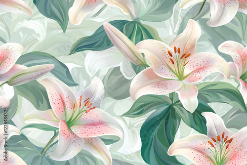 Elegant floral pattern featuring pink lilies amidst soft green foliage, perfect for textile design