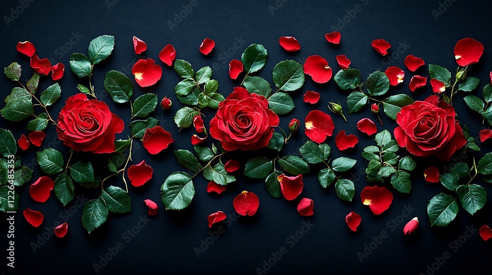 Elegant Red Roses and Petals on Dark Background Elegant Red Roses and Petals on Dark Background