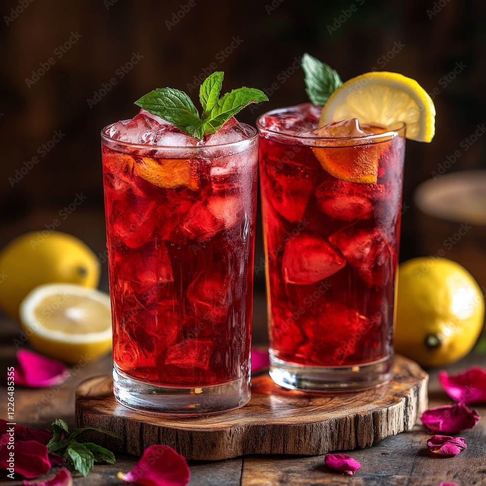 Refreshing red berry drink with lemon and mint served in tall glasses. Perfect for summer and beverage concepts. Refreshing red berry drink with lemon and mint served in tall glasses. Perfect for summer and beverage concepts.