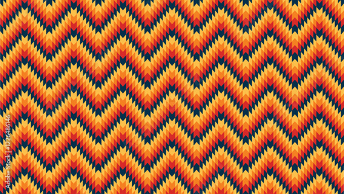 The background is a repeating geometric pattern consisting of brightly colored diamond shapes with a gradient effect, arranged in a formation like a traditional rug or cloth.