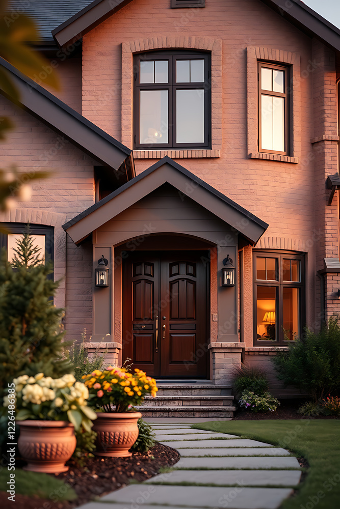 Obraz premium Brick House Exterior at Dusk: A Captivating View of a Residential Home's Stunning Architecture and Landscaping