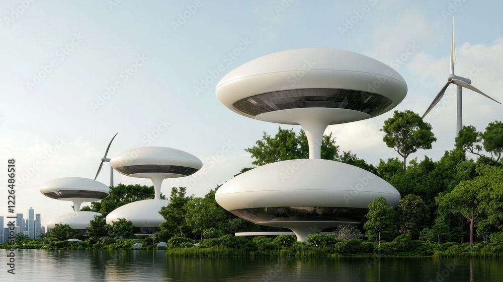 Fototapeta premium clean energy wind startup concept. Futuristic eco-friendly structures surrounded by greenery and wind turbines near a body of water.