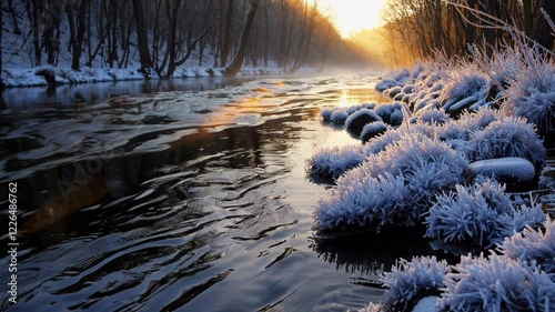 A frosty morning along a shallow river, with ice crystals forming on rocks and golden sunlight illuminating the bare trees.