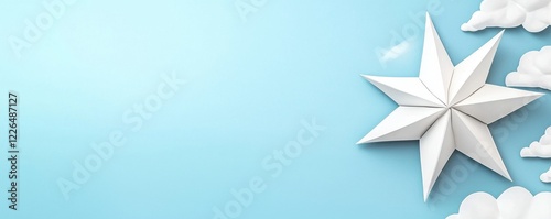 clean energy wind solutions concept. A paper star against a blue sky with fluffy clouds, evoking a serene and whimsical atmosphere.
