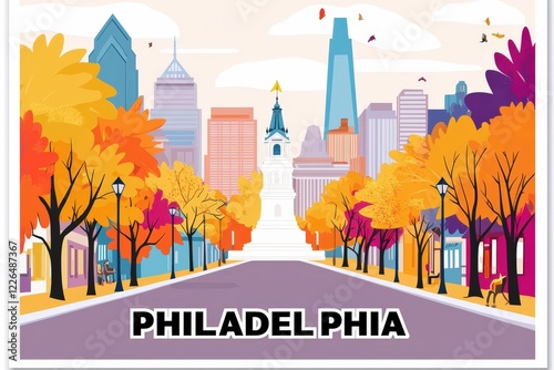 A historic pastel illustration of Philadelphia, featuring the Liberty Bell, Independence Hall, and vibrant street art, with 