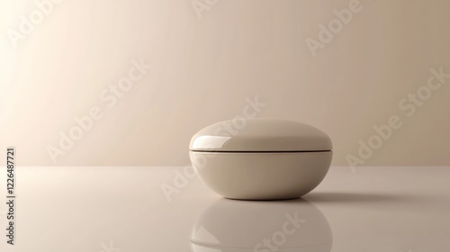 Beige cosmetic jar on white surface, neutral background, product display