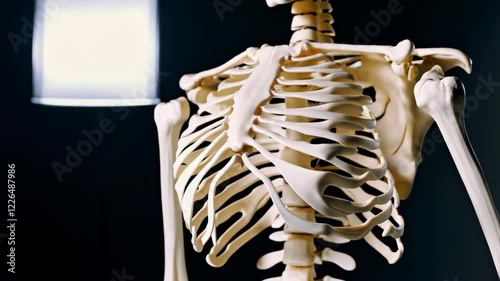 Close-up of anatomical human rib cage and upper spine against dark background.