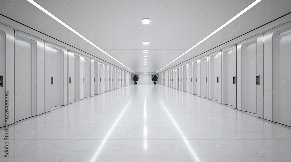 Fototapeta premium Bright white futuristic hallway with symmetrical doors and reflective floor leading to a distant doorway.