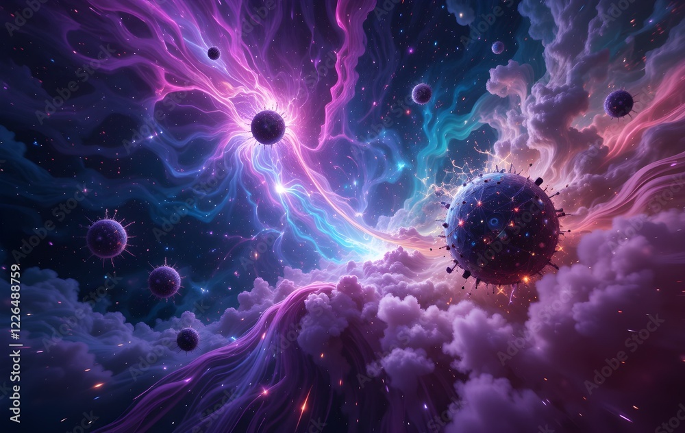 Fototapeta premium Stunning Cosmic Explosion of a Spiral Galaxy with Radiant Nebulae, Interstellar Clouds, and Vibrant Space Elements in the Universe