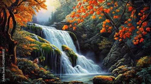 Autumn waterfall scene, forest, calm pool, nature, relaxing background for calendar