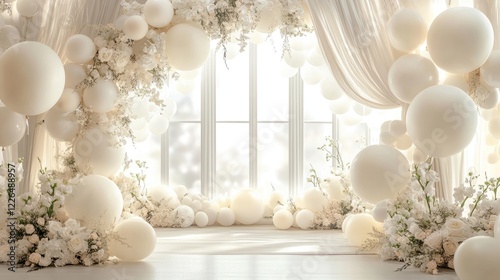 Elegant White Balloon Arch and Floral Arrangement by Window