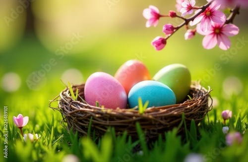 Easter eggs in a basket in green grass. Spring season traditional egg hunt colorful decorated eggs in a wicker basket.