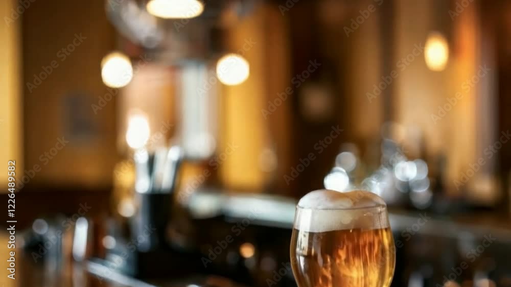 A single frosty glass of golden beer with a thick foamy head sitting on a wooden bar counter A single frosty glass of golden beer with a thick foamy head sitting on a wooden bar counter