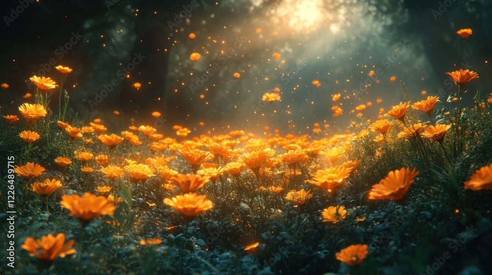Glowing marigold flowers in a mystical, moonlit garden Glowing marigold flowers in a mystical, moonlit garden