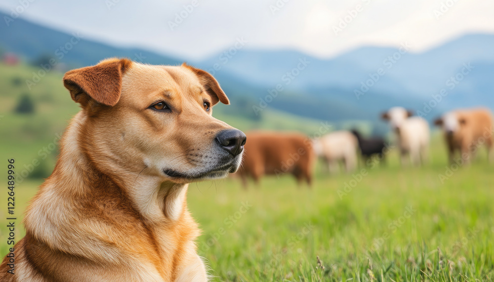 A focused dog gazes into the distance, with grazing cattle in a lush green field and mountains under a cloudy sky. A focused dog gazes into the distance, with grazing cattle in a lush green field and mountains under a cloudy sky.