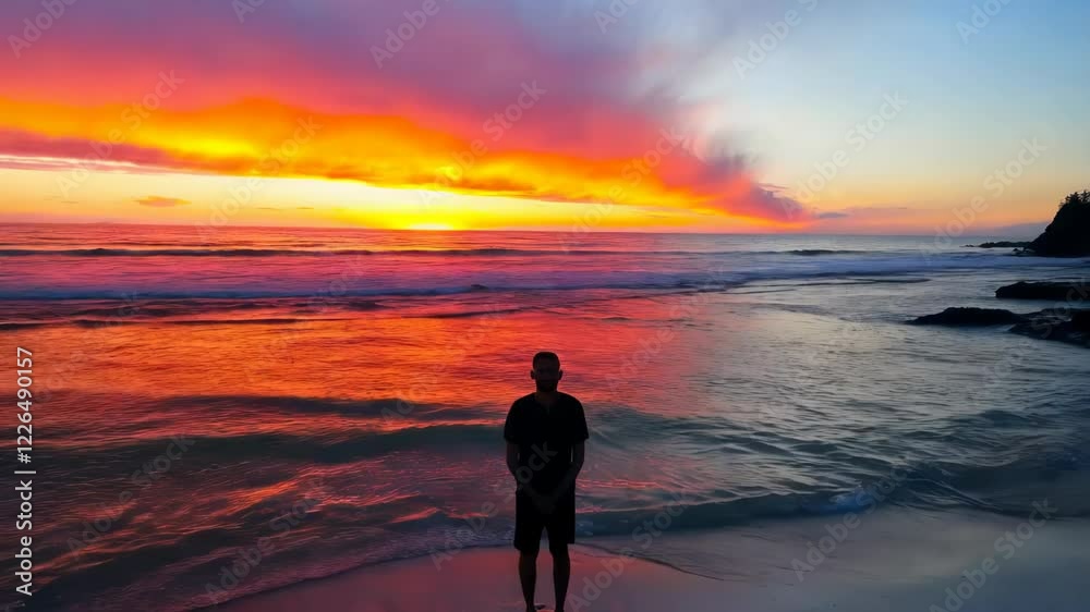 Man silhouetted against vibrant sunset over ocean. Man silhouetted against vibrant sunset over ocean.