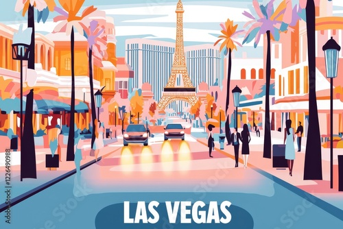 A bold pastel illustration of Las Vegas, highlighting its dazzling neon lights, iconic Strip, and lively entertainment scene, with 