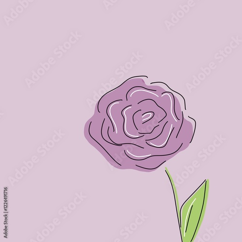 Minimalist line drawing of a single lilac rose with a stem and a leaf on a delicate background