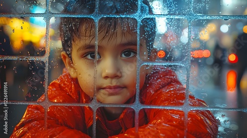 A child drawing tic-tac-toe on a steamy windowpane during a rainy day, their face filled with concentration