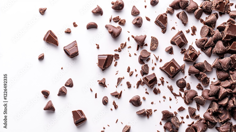 Dark chocolate pieces and chips scattered on a white surface creating a delicious pattern Dark chocolate pieces and chips scattered on a white surface creating a delicious pattern
