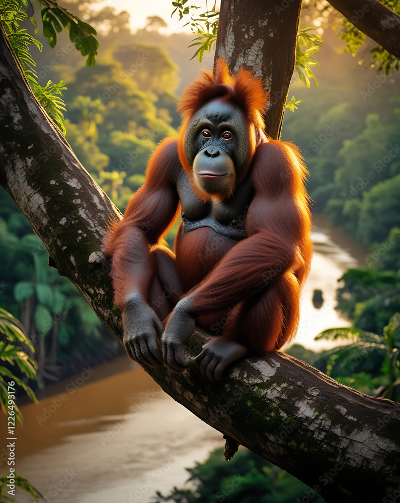 Obraz premium orang Utan on its habitat, Papua Forest, extinct animal sunset, tropical forest, river, created by generative ai